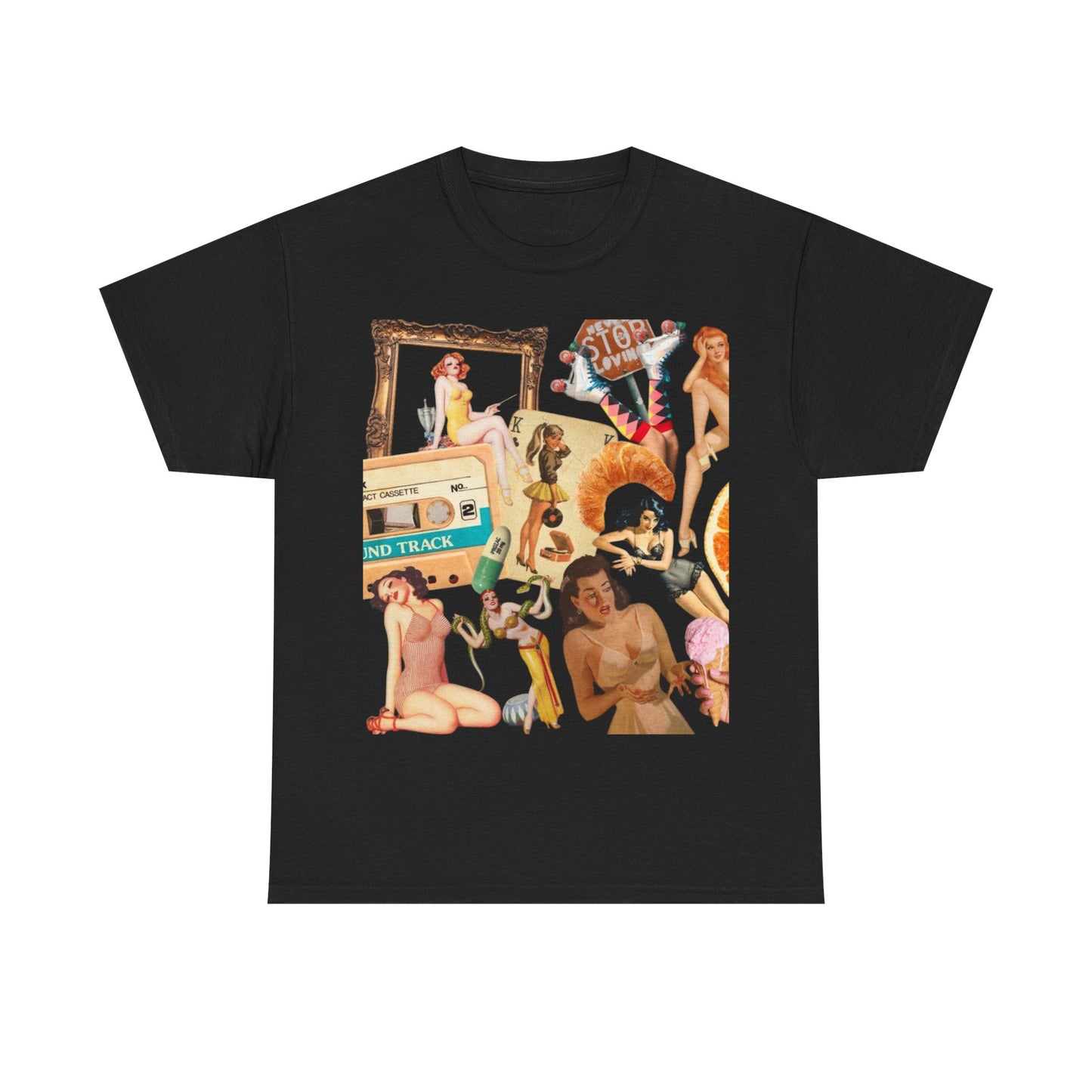 Vintage Pinup Collage Tee — Retro 70s Nostalgia Graphic T-Shirt
