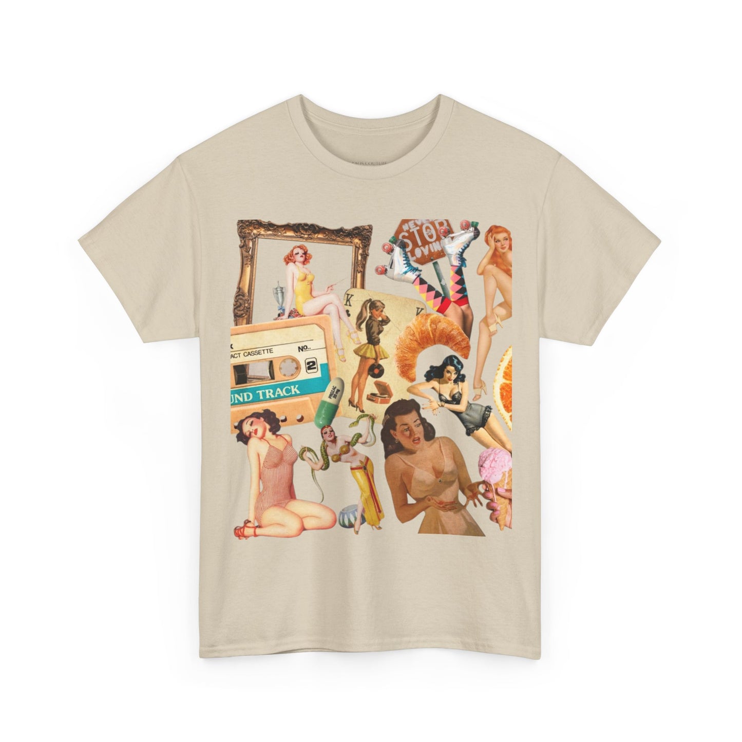 Vintage Pinup Collage Tee — Retro 70s Nostalgia Graphic T-Shirt