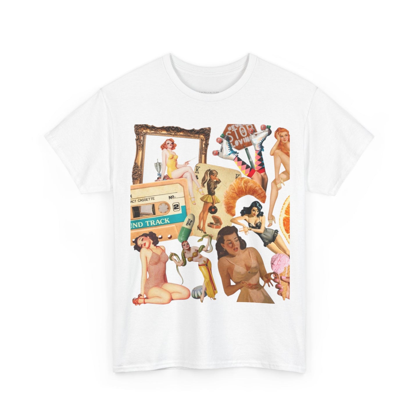 Vintage Pinup Collage Tee — Retro 70s Nostalgia Graphic T-Shirt
