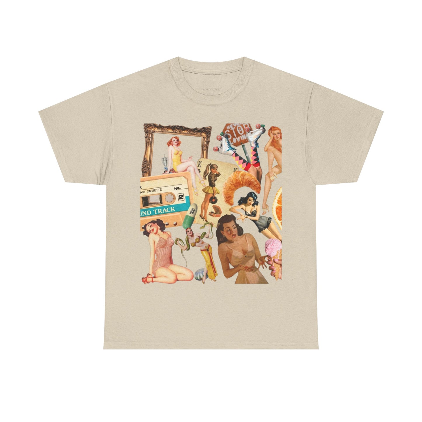 Vintage Pinup Collage Tee — Retro 70s Nostalgia Graphic T-Shirt