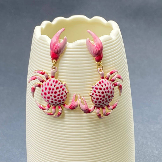 Pink Enamel Crab Earrings