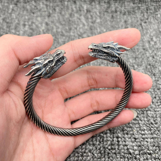Double Dragon Head Stainless Steel Cuff Bangle Bracelet