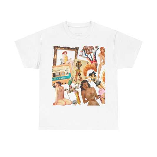 Vintage Pinup Collage Tee — Retro 70s Nostalgia Graphic T-Shirt