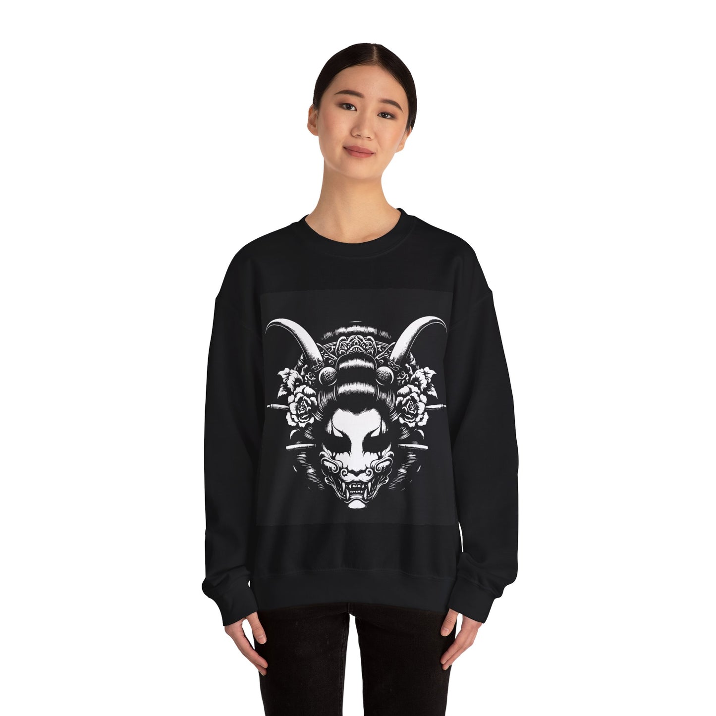 Demon Geisha Crewneck Sweatshirt — Japanese Oni Mask Gothic Streetwear