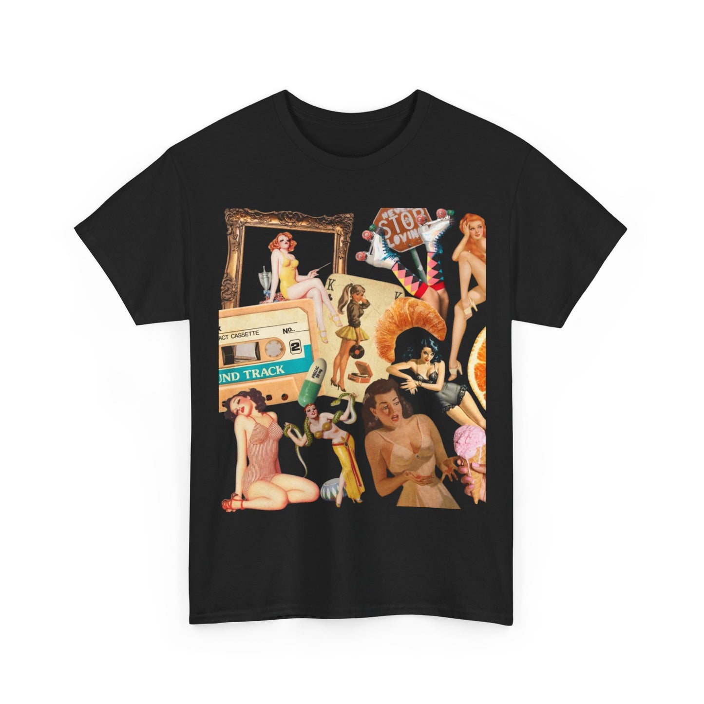 Vintage Pinup Collage Tee — Retro 70s Nostalgia Graphic T-Shirt