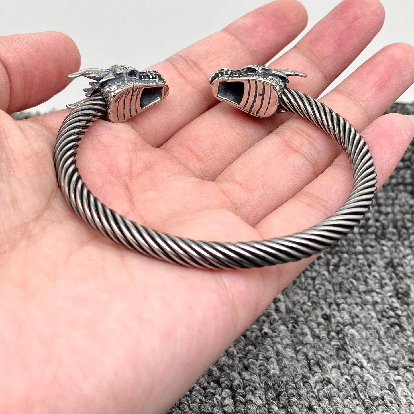 Double Dragon Head Stainless Steel Cuff Bangle Bracelet