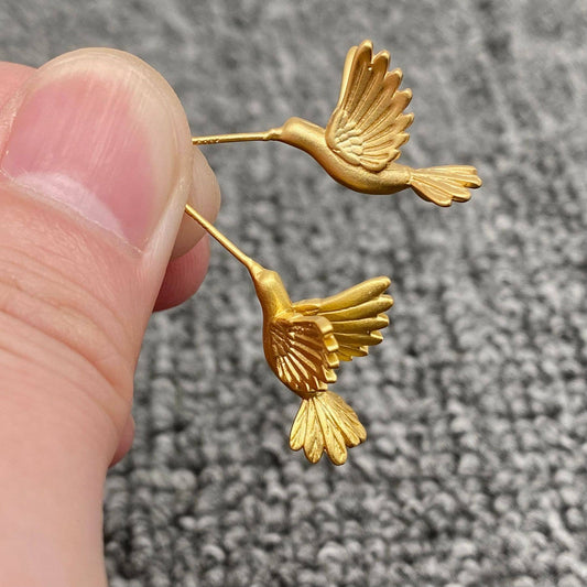 18K Gold Plated Hummingbird Earrings Studs: Golden